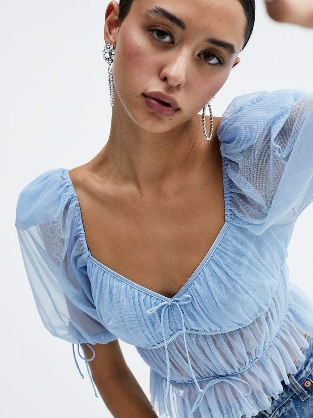 For Love & Lemons Light Blue Sheer Puff-Sleeve Tie-Front Top